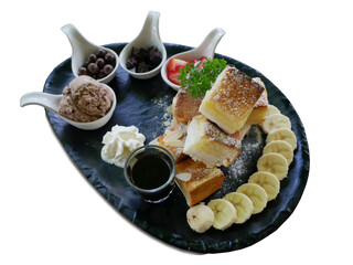 Chocolate Toast Bread Served with chocolate sauce, ice cream, and topping, white background