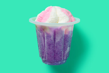 strawberry flavor ice cream with shaved ice on green background