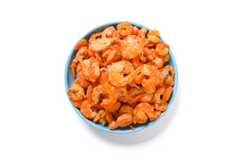 top view dish of big size dry shrimps on white with clipping path