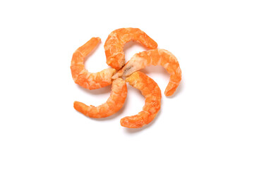 top view big size dry shrimps shaped like a flower on a white background