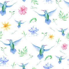 Floral seamless tropical pattern, summer background with exotic flowers, palm leaves, jungle leaf, orchid flower and hummingbird. Vintage botanical wallpaper, illustration in Hawaiian style.