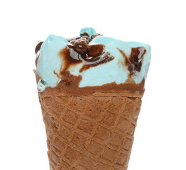 fresh salted caramel flavor ice cream cone on a white background