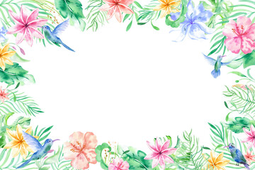 Fototapeta na wymiar Watercolor frame background with tropical flowers, leaves. Hawaiian exotic illustrations for greeting card, wedding, wallpaper