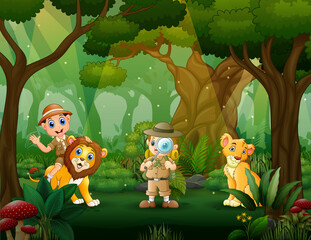 The explorer boys in the forest with lion