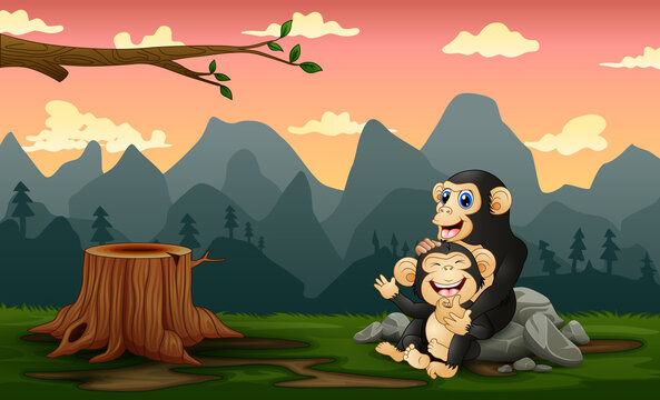 A chimpanzee with her cub in a bare forest