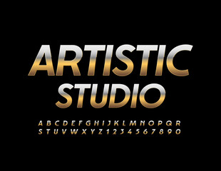 Vector chic emblem Artistic Studio with Gold Elegant Font. Luxury Alphabet Letters and Numbers