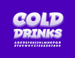 Vector fresh sign Cold Drinks with Glowing light Font. White comic Alphabet Letters and Numbers