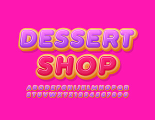 Vector bright emblem Dessert Shop with delicious Cake Font. Tasty Donut Alphabet Letters and 