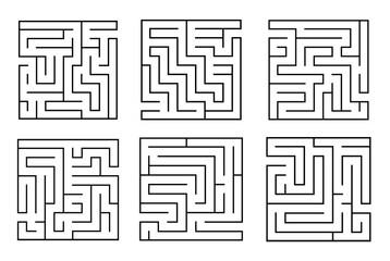 Set of square maze labyrinth game for kids. Labyrinth logic conundrum. One right way to go. Vector flat illustration isolated on white background.