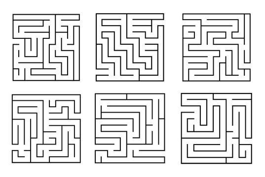Set of square maze labyrinth game for kids. Labyrinth logic conundrum. One right way to go. Vector flat illustration isolated on white background.