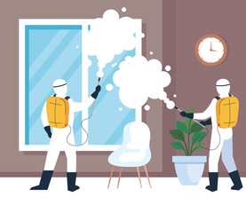 home disinfection by commercial disinfecting service, disinfectant workers with protective suit and spray prevent covid 19 vector illustration design