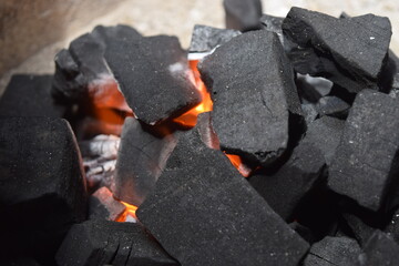 Charcoal with fire in the stove of the old Thai people in Thailand in Bangkok.