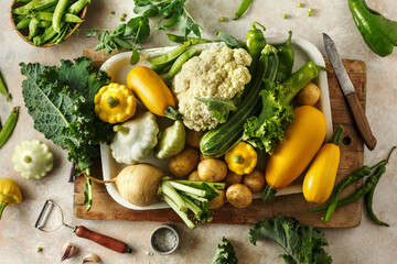 Fresh organic seasonal vegetables, ingredients for cooking. Top view.