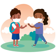 cute kids wearing medical mask to prevent coronavirus covid 19 with school bag in outdoor, little students wearing protective medical mask in grass vector illustration design