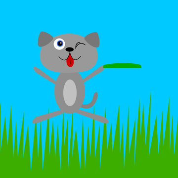 Gray Dog In A Jump Caught Frisbee Cartoon Character Wink Sticking Out Red Tongue