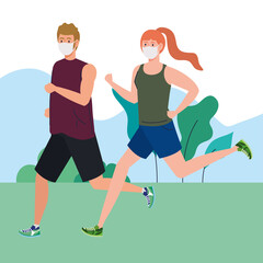 couple running using medical protective mask on nature landscape during covid 19 pandemic vector illustration design