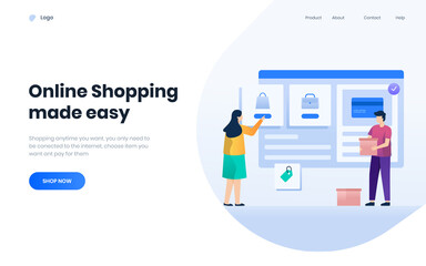 Online shopping concept, woman shop online, ecommerce illustration for landing page, people deliver product vector, banner page, template, web ui