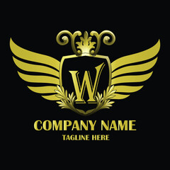 Luxury wing Initial Letter W Gold color with Shield. Vintage monogram logo perfect for book design, brand name, business card, Victory logo, vector logo template