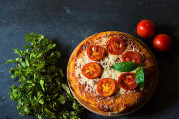 Pizza and condiments on a background. A popular junk food.