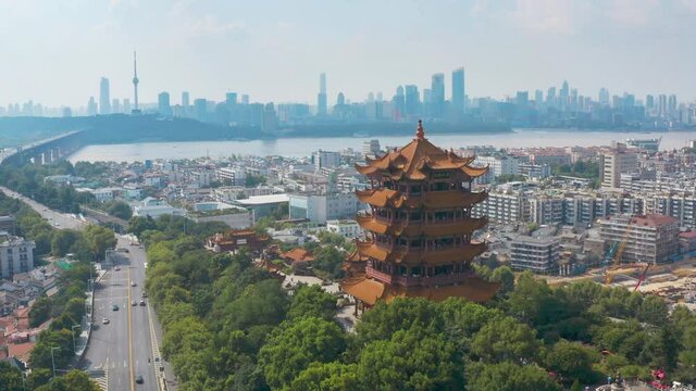 Aerial view of  Wuhan city .The yellow crane tower , located on snake hill in Wuhan, is one of the three famous towers south of yangtze river,China.