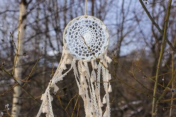 Beautiful light dream catcher hanging on a willow branch and fluttering in the wind. Boho style,...