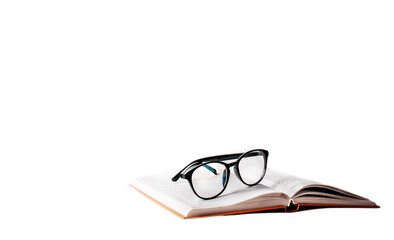 The open hardcover hardcover book with reading glasses rests on a white background.