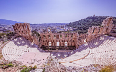 panoramic view of Athens Greece and Herodium ancient open theater under acropolis