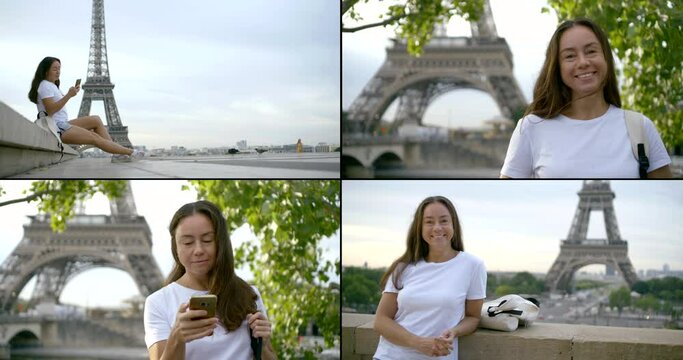 a collage of four videos. a woman in casual clothes and with long dark hair walks around the city, smiles, takes selfies, poses, checks her phone