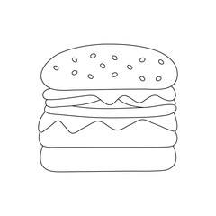 Hand drawn hamburger , of black contour isolated on white background. Design element for coloring book. Vector. 