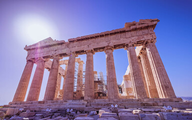 Obraz premium Acropolis of Athens Greece, Parthenon ancient temple east facade under clear sunny sky