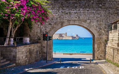 Landscape with Virgin Mary's Gate of Rodos Old Town, Rhodoes - obrazy, fototapety, plakaty