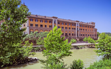 Fototapeta na wymiar Rome Italy, fate bene fratelli hospital on Tiber river island 