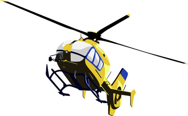Modern yellow rescue helicopter flying in the air and landing
