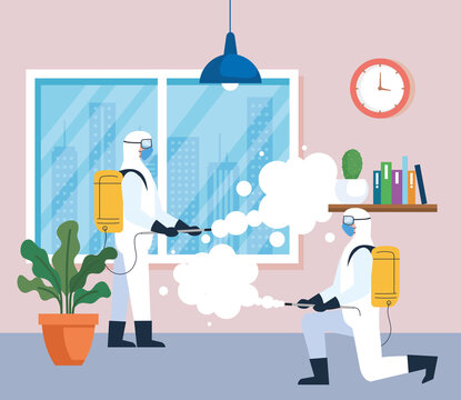 Home Disinfection By Commercial Disinfecting Service, Disinfectant Workers With Protective Suit And Spray Prevent Covid 19 Vector Illustration Design