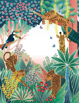 Vector illustration of Exotic Jungle with tropical flowers and animals. Design for banner, poster, card, invitation and scrapbook