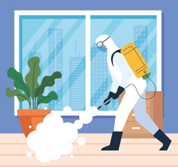 home disinfection by commercial disinfecting service, disinfectant worker with protective suit and spray prevent covid 19 vector illustration design