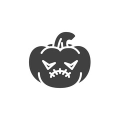 Stitched pumpkin mouth emoji vector icon. filled flat sign for mobile concept and web design. Halloween pumpkin emoticon glyph icon. Symbol, logo illustration. Vector graphics