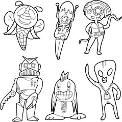 Set of funny cute monsters, aliens or winged fantasy animals for children coloring books or fashion. Hand drawn. line art cartoon vector illustration.
