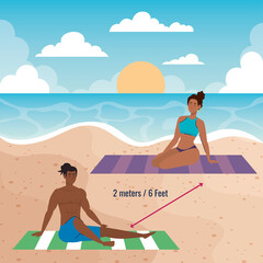 social distancing on the beach, couple afro keep distance in the beach, new normal summer beach concept after coronavirus or covid 19 vector illustration design