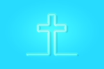 Christian cross glowing 3D symbol, card template on blue background. Vector illustration