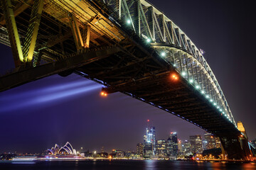 View of Sydney Harbour Bridge and Opera House from Milsons Point at night. Sydney, Australia.