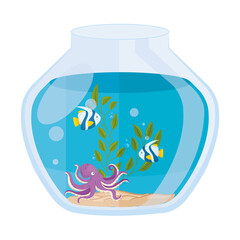 Naklejka premium aquarium fishes and octopus with water, seaweed, aquarium marine pet vector illustration design