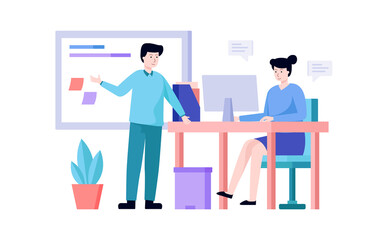 business leaders explain strategies to team mate on boards. people discuss business planning on the office. flat vector illustration