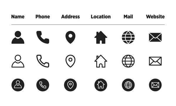 Set of web icon mobile icon business card icon in vector. Name icon, Phone icon, Address icon, Location icon, Mail icon, Web icon