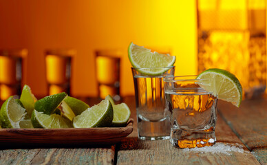 Tequila with salt and lime slices on a old wooden background.