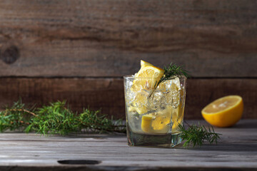 Gin with lemon and juniper twigs on old wooden table.