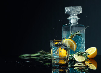 Cocktail gin-tonic with lemon and twigs of rosemary. - obrazy, fototapety, plakaty