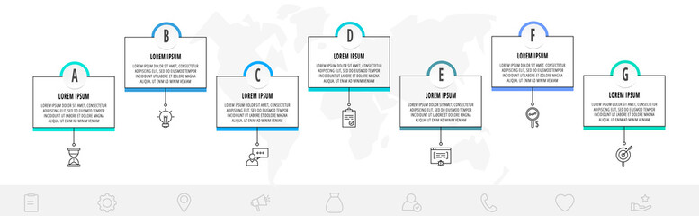 Thin line infographic template with 7 steps, labels. Modern business concept infographics with circles for diagram, web, banner, presentations, flow chart, info graph, timeline, content, levels.