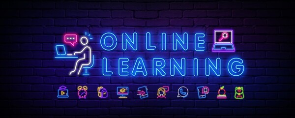 Online learning design neon vector template. Modern clothing design, the beginning of the school year neon sign. Neon icons on the theme of learning.Vector