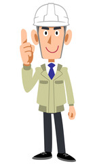 人差し指を立てるヘルメットを被った作業着の男性
